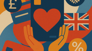 Ilustração vibrante e abstrata de cartões de benefício de caridade, com mãos em laranja segurando um cartão azul com coração vermelho, ícones de libra esterlina, aperto de mãos, bandeira do Reino Unido e símbolos financeiros em fundo colorido geométrico.