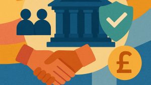 Ilustração abstrata e colorida representando alternativas éticas ao crédito pessoal no Reino Unido, com balança equilibrando um coração e uma moeda de libra, cartão de crédito com símbolo de verificação verde, ícones de pessoas em comunidade e fundo geométrico em tons de azul, verde e laranja.