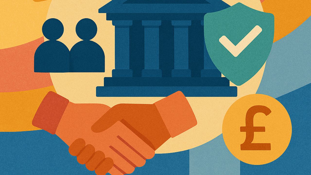 Ilustração abstrata e colorida representando alternativas éticas ao crédito pessoal no Reino Unido, com balança equilibrando um coração e uma moeda de libra, cartão de crédito com símbolo de verificação verde, ícones de pessoas em comunidade e fundo geométrico em tons de azul, verde e laranja.