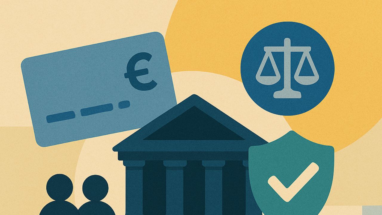 Ilustração clean de alternativas éticas ao crédito pessoal: prédio de banco minimalista, escudo com check, balança da justiça, cartão com símbolo da libra, duas pessoas e aperto de mãos, em composição geométrica em tons de azul, bege e teal.