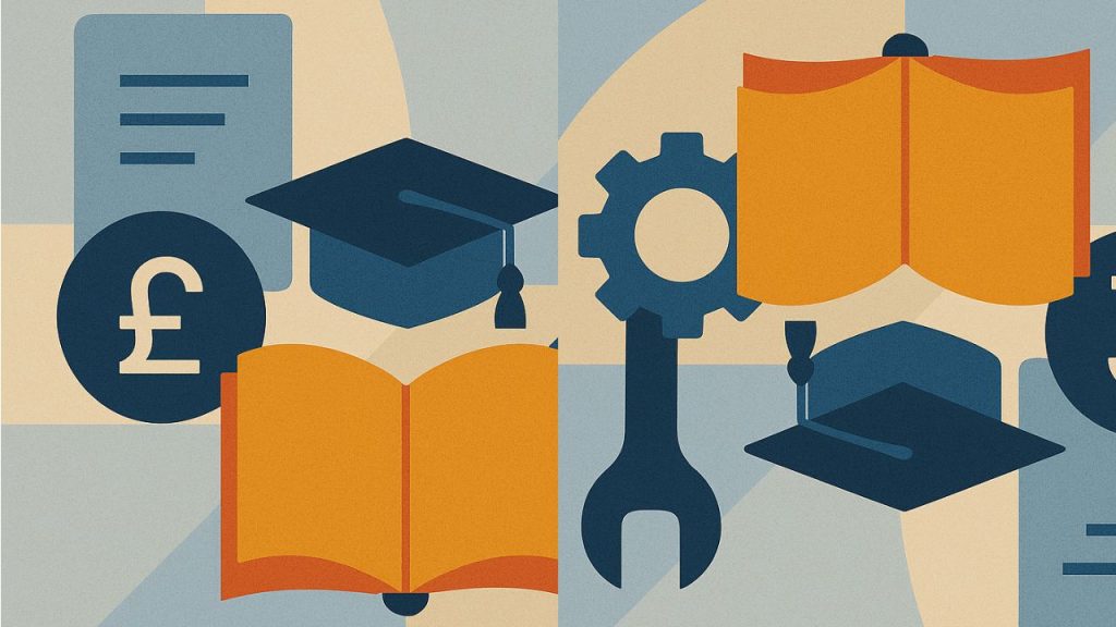 Ilustração abstrata sobre educação técnica e vocacional no Reino Unido, com livro aberto laranja, capelo de formatura, ícone de moeda libra esterlina, documento, engrenagem e chave inglesa em fundo geométrico estilizado em tons de azul e bege.