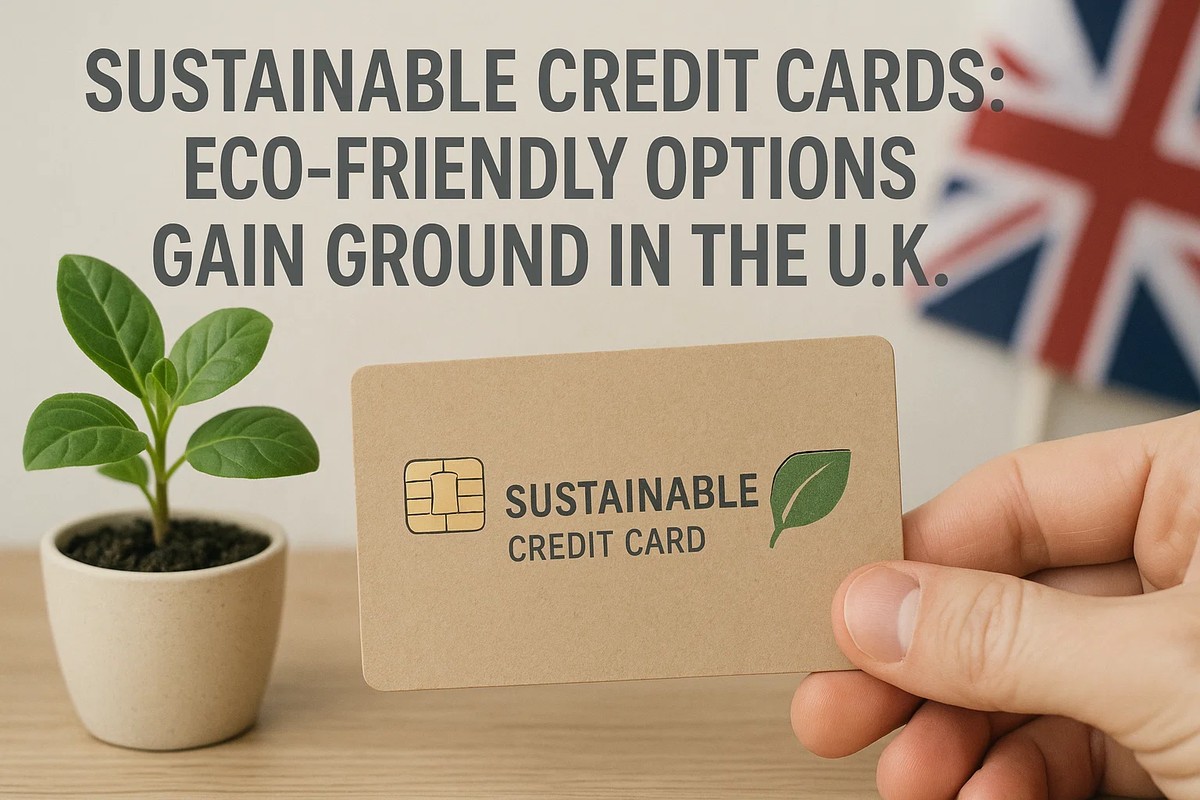 A hand holds a brown eco-friendly credit card labeled “Sustainable Credit Card” with a green leaf icon, placed in front of a small potted plant on a wooden surface. In the blurred background, part of the U.K. flag is visible, while bold text promotes environmentally conscious financial choices. The scene emphasizes the growth of green initiatives in the credit card industry and the increasing appeal of sustainable consumer behavior.