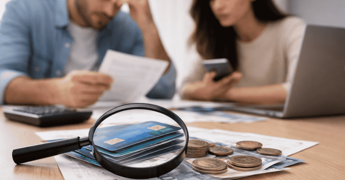 Credit card and coins on documents under a magnifying glass, with a couple reviewing finances in the background.