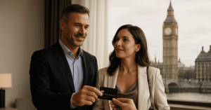 Couple in a London hotel receiving a premium travel credit card, with Big Ben in the background.