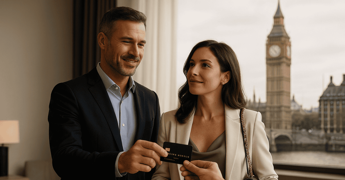 Couple in a London hotel receiving a premium travel credit card, with Big Ben in the background.