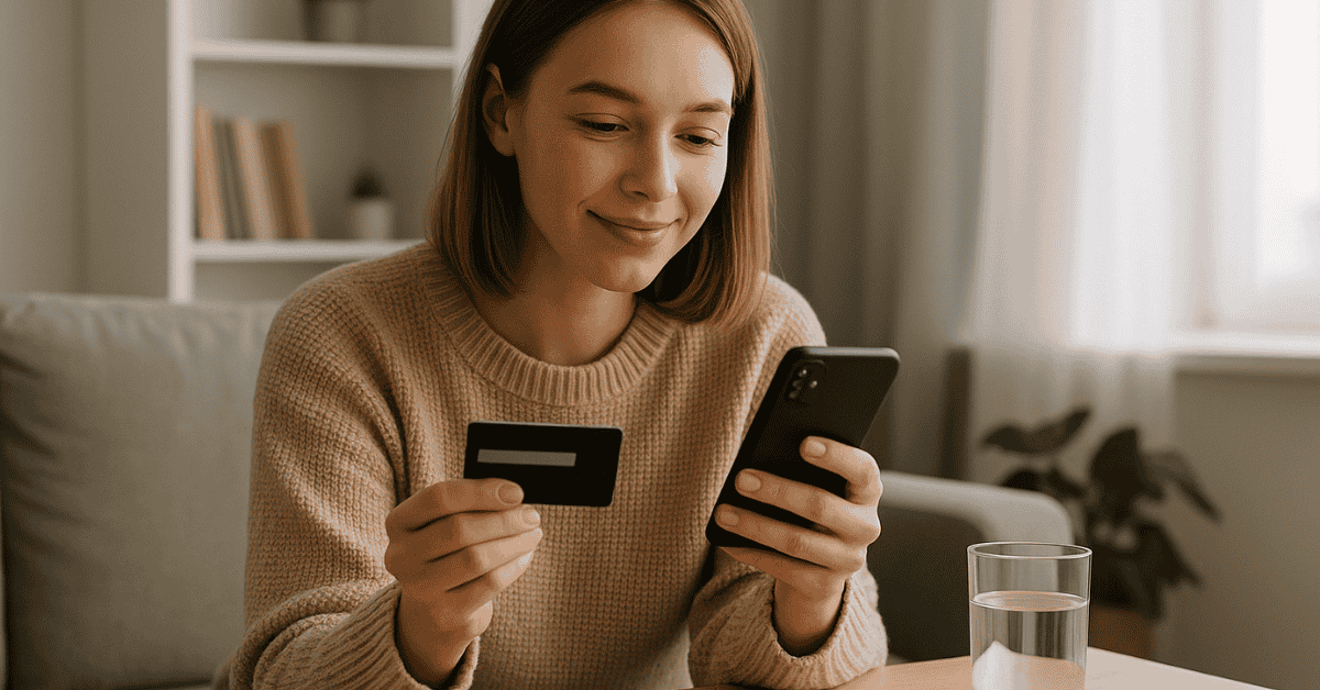 Woman using a smartphone while holding a **credit card**, smiling as she makes an online payment at home.