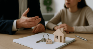 Financial advisor discussing a home **loan** with a couple at a desk, with house models, keys and paperwork in the foreground.