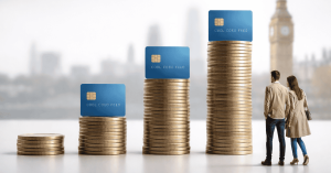 Stacks of coins growing in height topped with a credit card, while a couple looks on, symbolising increasing costs and credit card spending in the UK.