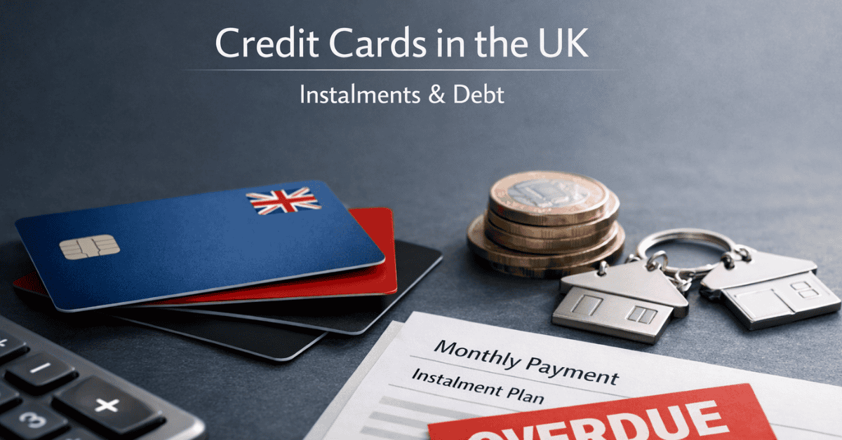 Credit card use in the UK shown by stacked credit cards, British coins, house keys and an overdue instalment notice, illustrating credit card instalments, debt and household financial commitments.
