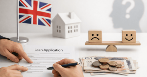 Loan application in the UK illustrated by signed documents, British pounds in notes and coins, balance with approval and rejection symbols, house model and UK flag, representing loan decision and financial assessment.
