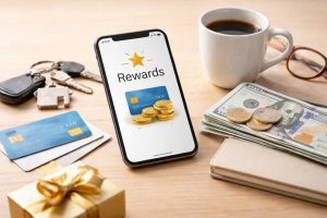 Smartphone displaying a rewards program with a star icon and digital coins on the screen, alongside physical cards, U.S. dollar bills, keys, a gift box, and a cup of coffee on the table, representing benefits, cashback, and points accumulation through the strategic use of a Credit card in the American market.