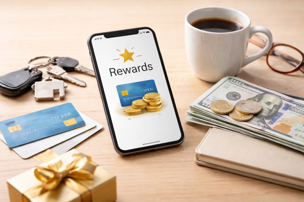 Smartphone displaying a rewards program with a star icon and digital coins on the screen, alongside physical cards, U.S. dollar bills, keys, a gift box, and a cup of coffee on the table, representing benefits, cashback, and points accumulation through the strategic use of a Credit card in the American market.