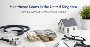 Healthcare loan planning in the United Kingdom, featuring a stethoscope, British pound notes and coins, a small house model, glasses and a notebook, representing medical loan decisions without compromising income