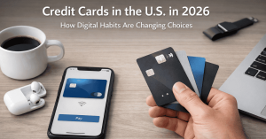 Credit card trends in the U.S. in 2026 featuring a hand holding multiple credit cards next to a smartphone displaying a digital wallet payment screen, with a laptop and coffee cup in the background, illustrating evolving digital habits and modern credit card usage.