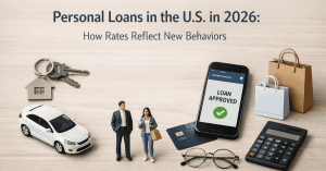 Flat lay image with the title “Personal Loans in the U.S. in 2026: How Rates Reflect New Behaviors” on a light wood background. Below the text are house keys with a home-shaped keychain, a white car model, and two small business-dressed figures. On the right, a smartphone displays “Loan Approved” with a green checkmark, next to a credit card, shopping bags, eyeglasses, and a calculator, symbolizing borrowing for major purchases and everyday expenses.