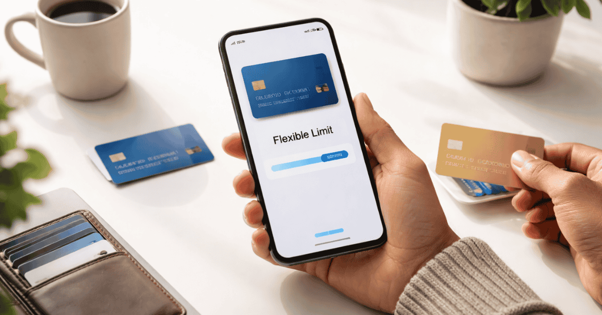 Person holding a smartphone displaying a credit card app with the message “Flexible Limit” on screen, while another hand holds a gold credit card. On the table are a wallet with multiple cards, an additional blue card, a cup of coffee and a potted plant. The scene represents everyday credit card use, digital banking and flexible spending options in the UK.