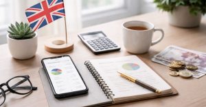 Workspace with UK flag, smartphone showing budget charts, notebook, calculator, and cash, representing personal Finances and money management.
