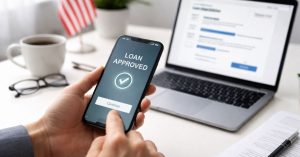 Loan approval displayed on a smartphone screen, with laptop and documents in the background, representing digital loan application and financial management.