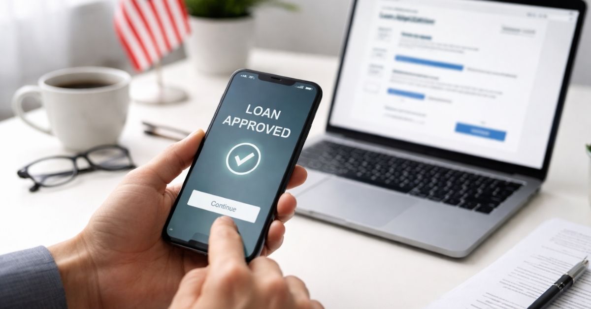 Loan approval displayed on a smartphone screen, with laptop and documents in the background, representing digital loan application and financial management.