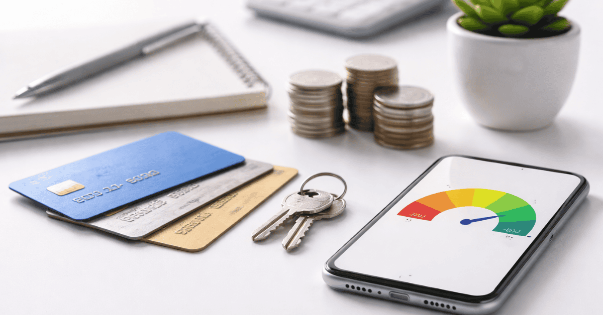 A financial planning scene featuring a smartphone displaying a colorful credit score gauge on its screen, placed on a desk alongside several credit cards, a set of house keys, and stacks of coins. In the background, a notebook with a pen, a calculator, and a small potted plant suggest budgeting and financial organization. The arrangement symbolizes personal finance management, credit monitoring, and responsible payment planning related to loans, housing expenses, and everyday financial decisions.