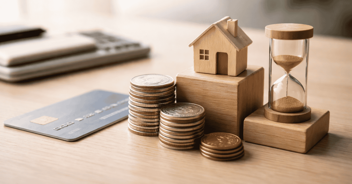 A financial concept scene showing stacks of coins arranged beside a small wooden house model placed on wooden blocks, symbolizing savings and property investment. Next to the coins, an hourglass represents the passage of time and long-term financial planning. A credit card lies on the desk in the foreground, while a calculator appears slightly blurred in the background, reinforcing themes of budgeting, credit use, and financial decision-making related to housing and personal expenses.