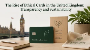 Realistic and minimalist image about the rise of ethical cards in the United Kingdom, featuring a sustainable green credit card centered on a light wooden desk. In the blurred background, Big Ben and the London skyline subtly represent the UK, while eco-friendly elements such as a potted plant, recyclable kraft packaging, and a fabric tote bag emphasize transparency and sustainability. At the top of the image, the title “The Rise of Ethical Cards in the United Kingdom: Transparency and Sustainability” appears in elegant, well-defined typography.